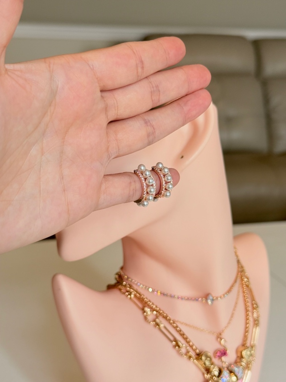 Rose Gold Pearl Huggie Earrings - Picture 9 of 10